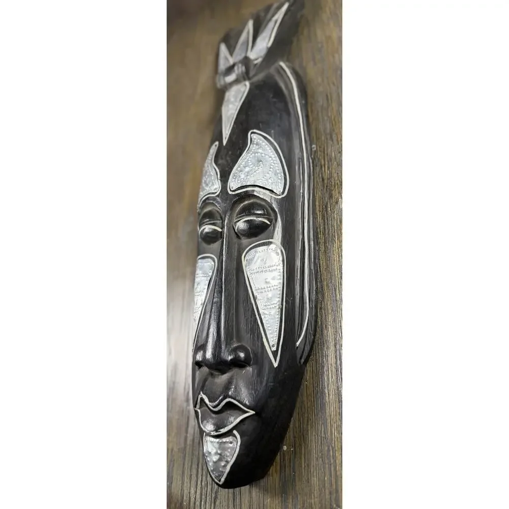 Vintage Ghana Hand Carved Wood Wall Mask Silver Metal 20” African Art